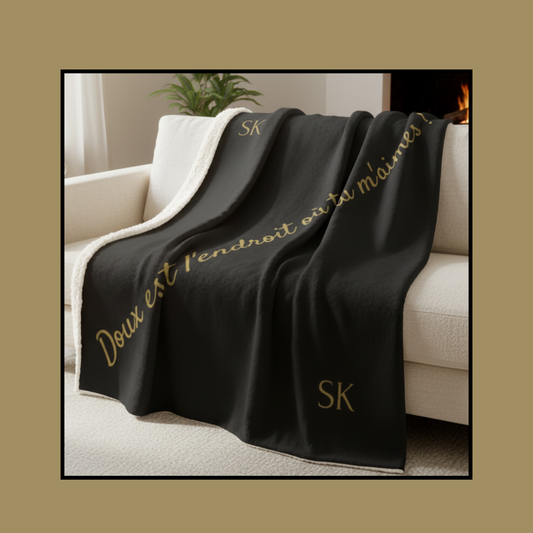 Plaid noir Sherpa-Snoukinou-" Doux est l endroit où tu m'aimes !"