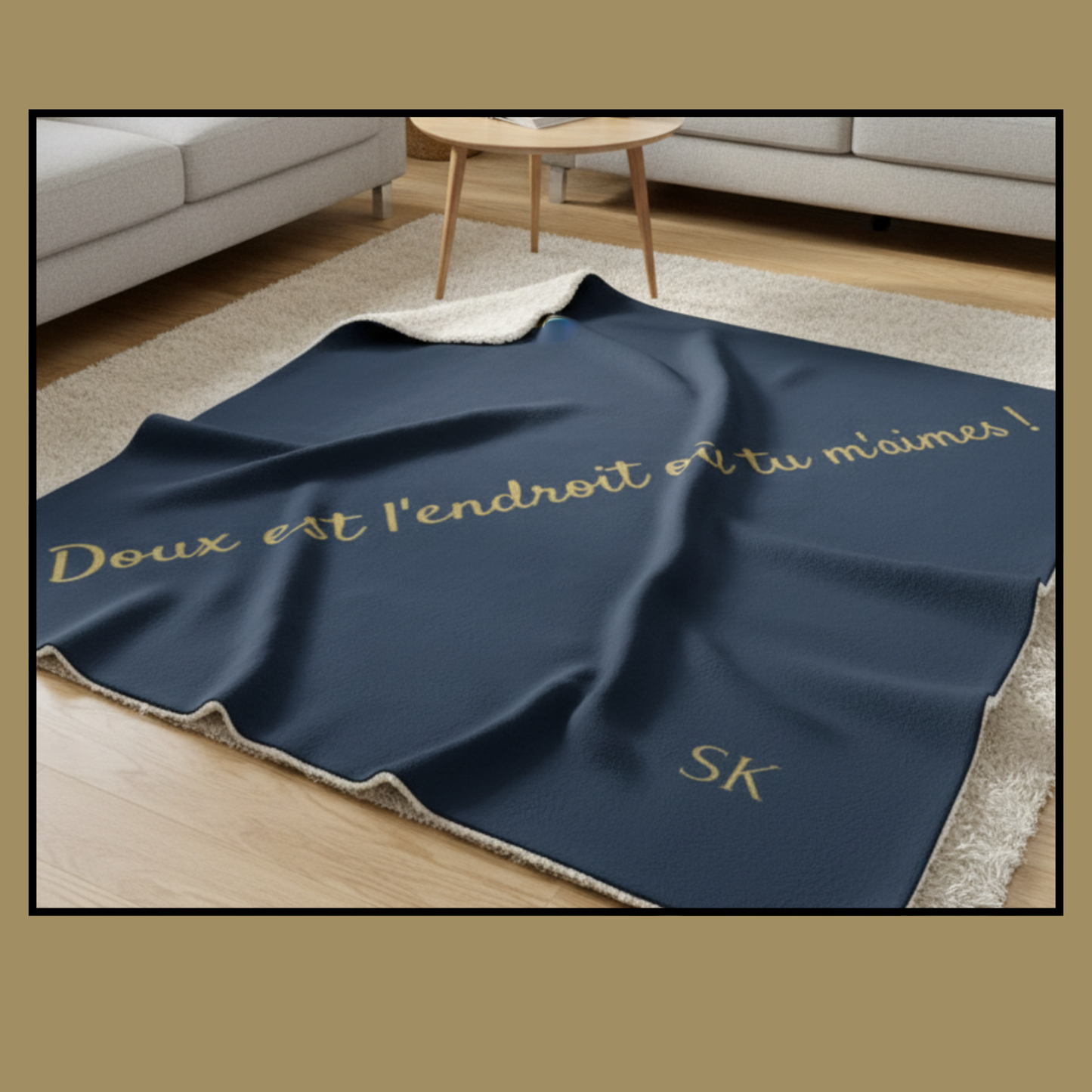 Plaid bleu nuit  Sherpa -Snoukinou-"Doux est l'endroit où tu m'aimes"