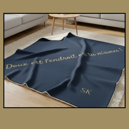 Plaid bleu nuit  Sherpa -Snoukinou-"Doux est l'endroit où tu m'aimes"