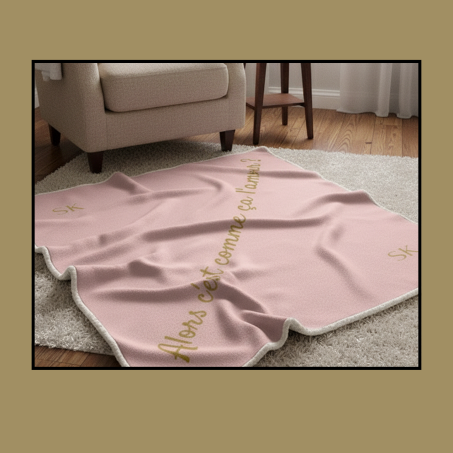 Plaid  rose poudré Sherpa -Snoukinou- "Alors c'est comme ça l'amour ?"