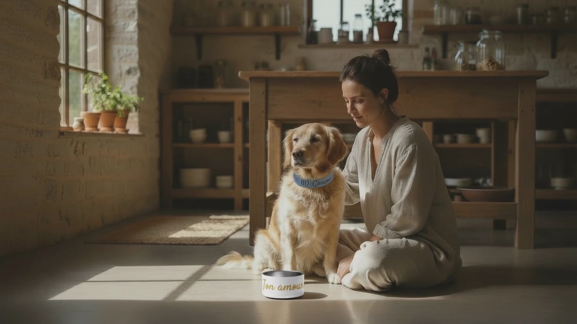 Charger la vidéo : Chien portant un collier signature (NO Comment ) bleu devant une gamelle en fond inox avec marqué dessus (Ton amour me nourrit en doré)
